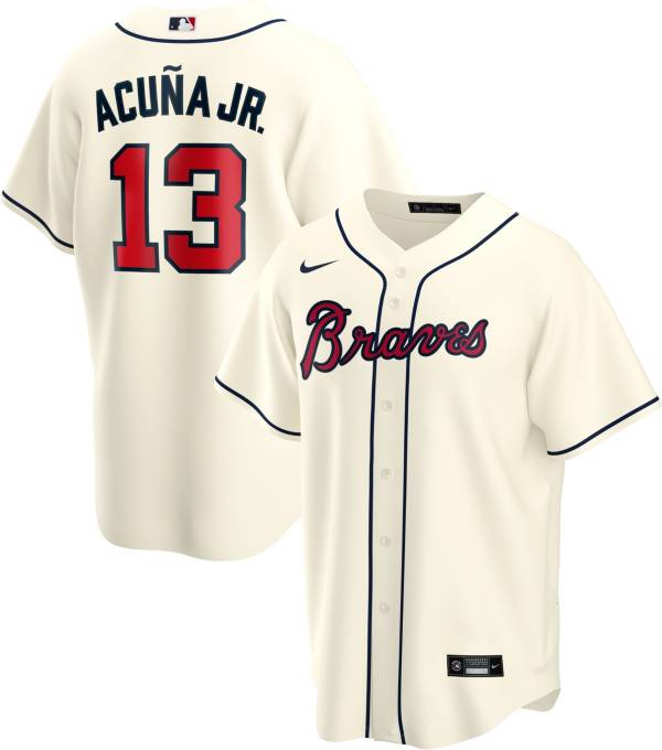 Men's Atlanta Braves #13 Ronald Acuña Jr Cream Cool Base Stitched Jersey Men's Atlanta Braves #13 Ronald Acuña Jr Cream Cool Base Stitched Jersey